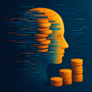 An abstract illustration of a human head made of coins and digital signals, symbolizing the value of attention in the digital age.