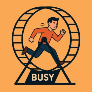A digital illustration of a person running on a hamster wheel labeled “busy,” symbolizing the productivity trap in modern work culture.